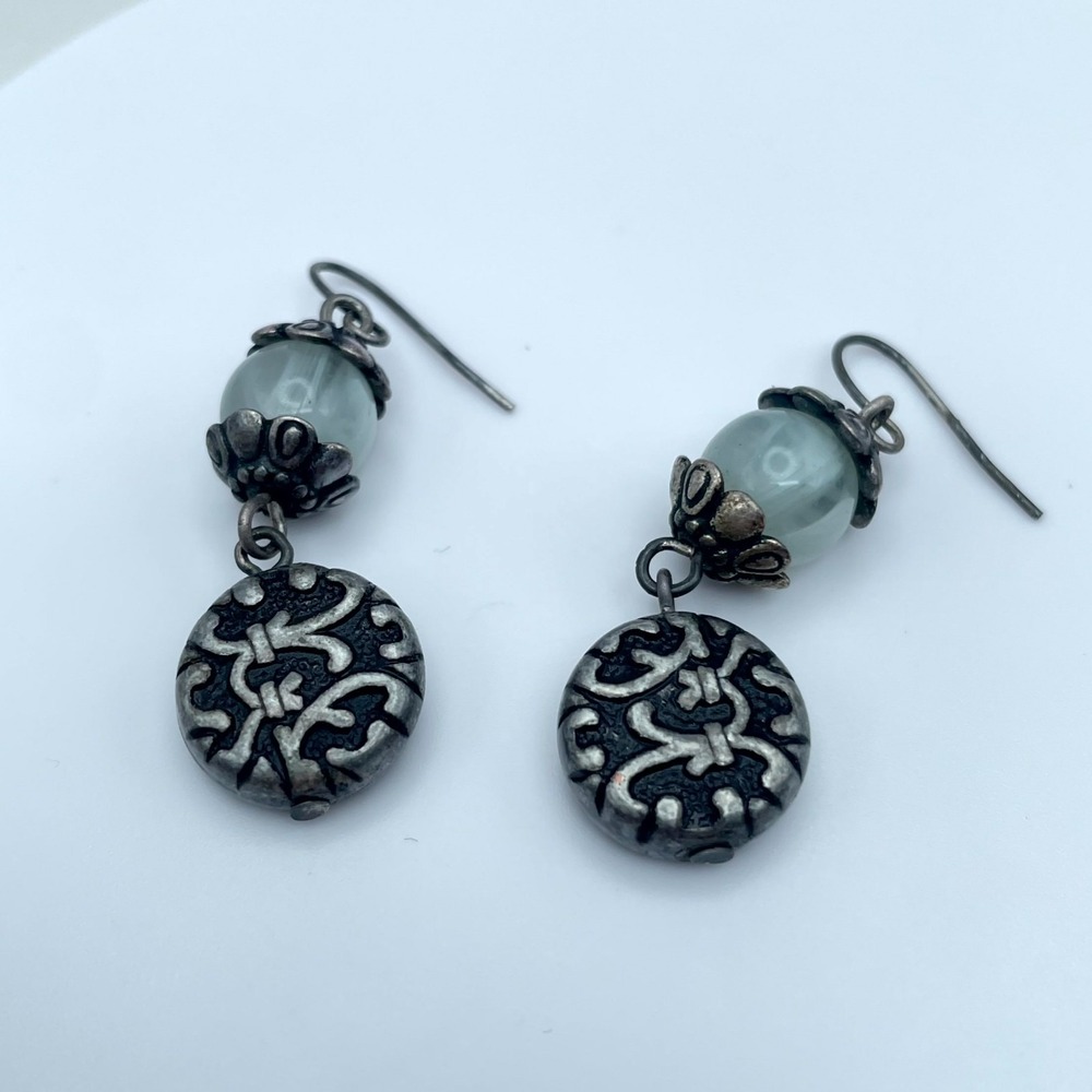 Articulated Silver-Tone Oxidized Metal Cool Waters Glass Beads Dangle Earrings